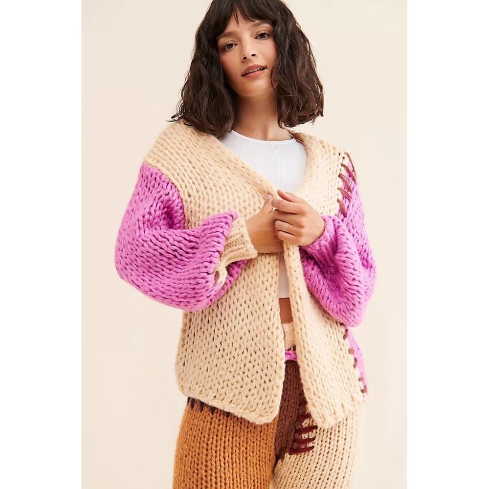 Anthropologie Saachi Colorblock Patchwork Chunky Oversized Cardigan Sweater